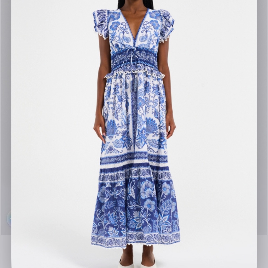 Farm Rio Blue White Floral Shell Garden Maxi Dress L